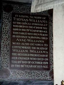 Commemorative plaque to Thomas William Y Grog in St Gwynnos church Llanwynno