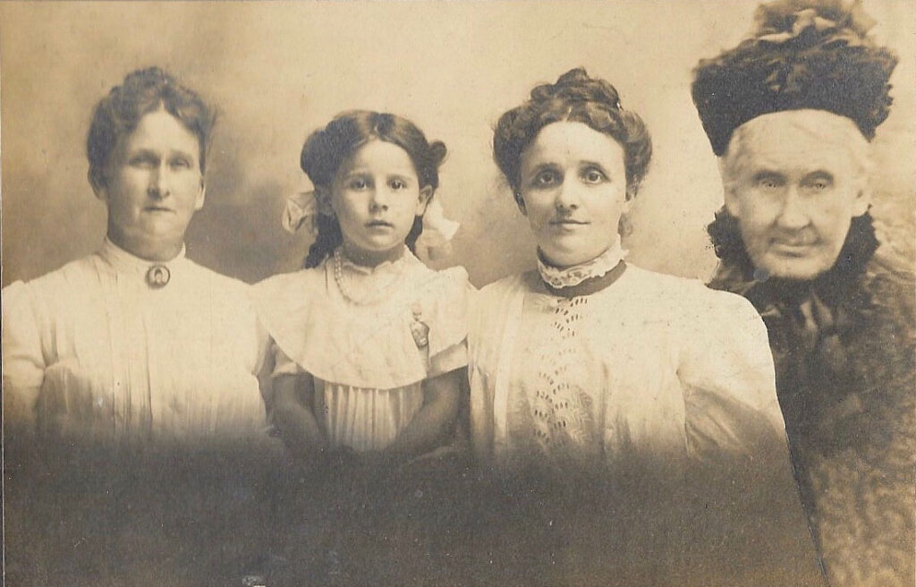 From Tonyrefail to Massilon Ohio, four generations together in one photo. Left to right – Buddyg Thomas 1858 / her Grandaughter Fay V Irving 1902-1985 / her Daughter Mary 1879-1936 (married Clarence Irving 1880-1969) / and her Mother Charlotte Roderick 1830-1924.